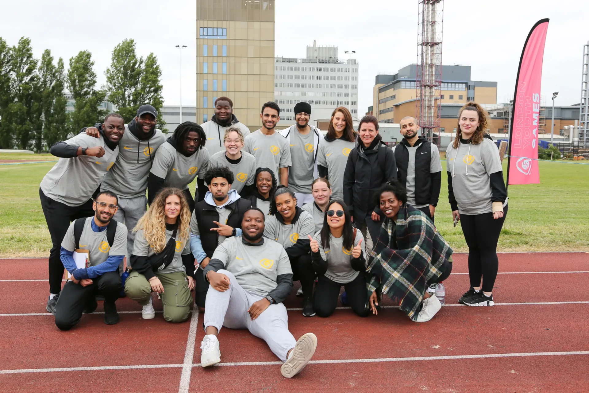 London Youth Games ParaAthletics volunteers in a big group smiling at camera