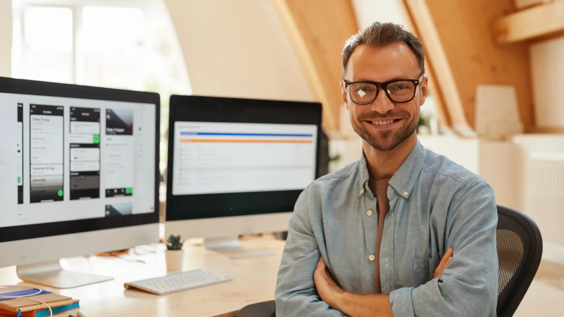 Man smiling at camera with office in background