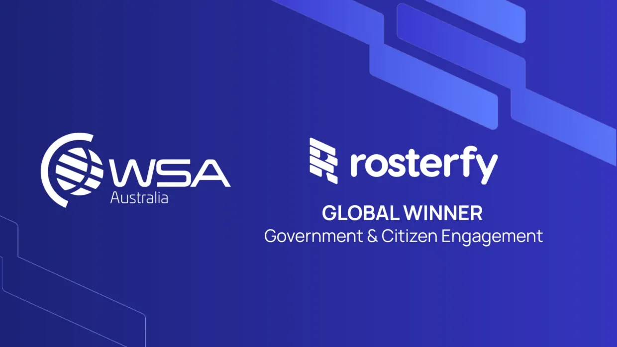 Text: Rosterfy - Global Winner - Government & Citizen Engagement at World Summit Awards