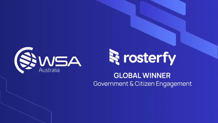Text: Rosterfy - Global Winner - Government & Citizen Engagement at World Summit Awards