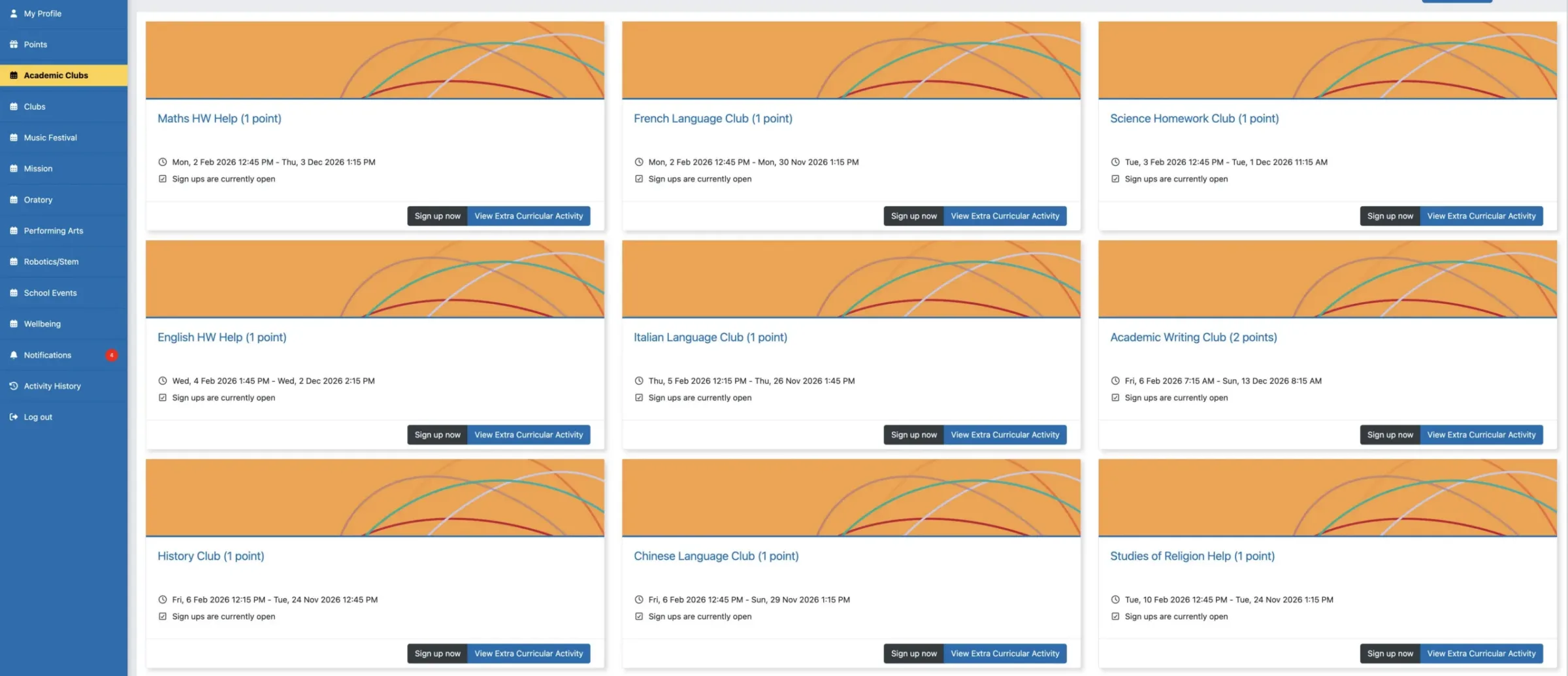 Example of extra curricular activity staff can choose to volunteer for within Rosterfy portal