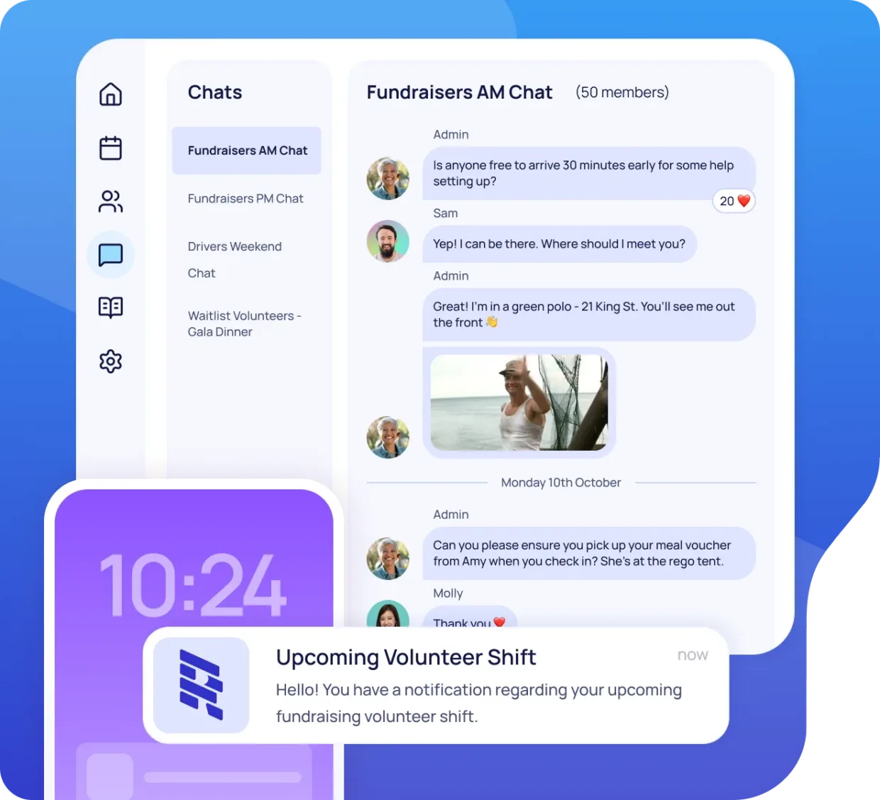 Desktop and mobile screen side by side showing multiple messaging groups and one open featuring messages, GIFs and emojis