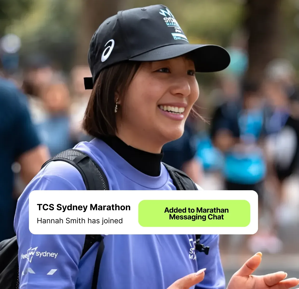 Image of TCS Sydney Marathon overlayed with message that Hannah has joined the group and has been added to chat