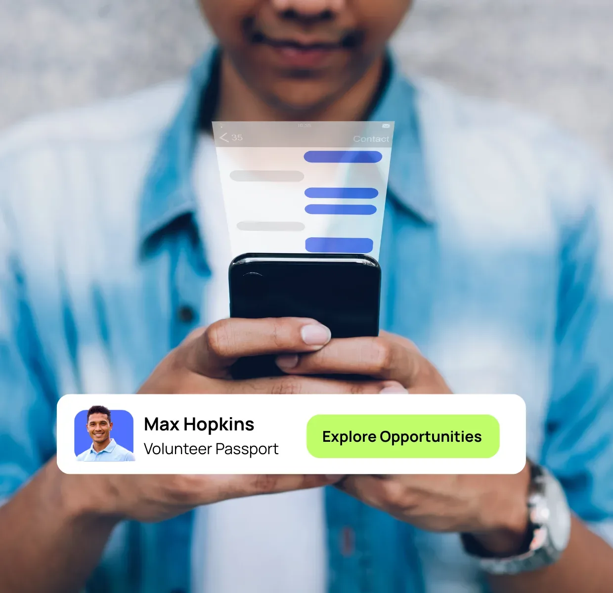 Man looking at his phone with text feed coming off it