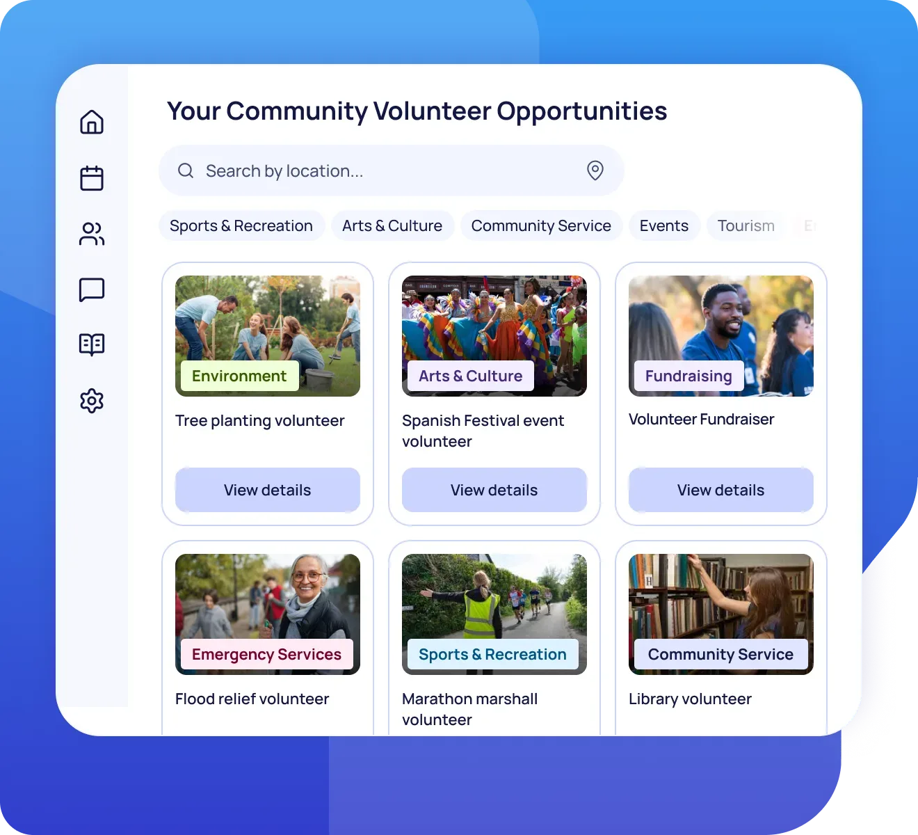 Rosterfy volunteer portal showing multiple volunteer opportunities ranging from environmental to community to event related