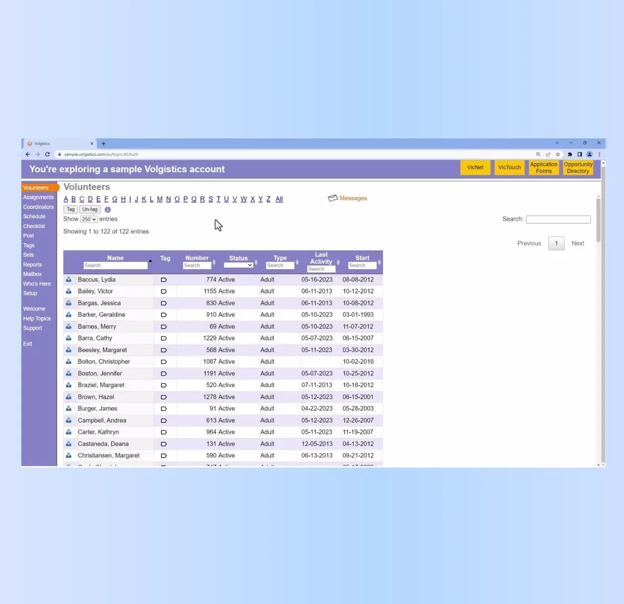 Volgistics - Screenshot of account