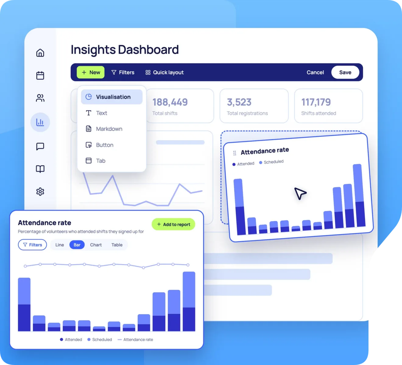 Rosterfy Dashboard with the ability to frag and drop and create your own custom dashboard