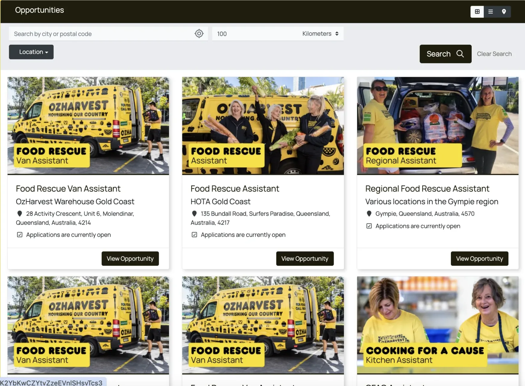 OzHarvest public volunteer opportunities page showing food rescue van assistant and regional assistant roles