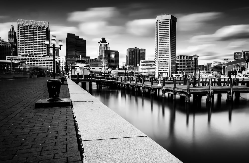 Long exposure of the Baltimore Skyline and Inner Harbor Promenade, Baltimore, Maryland
