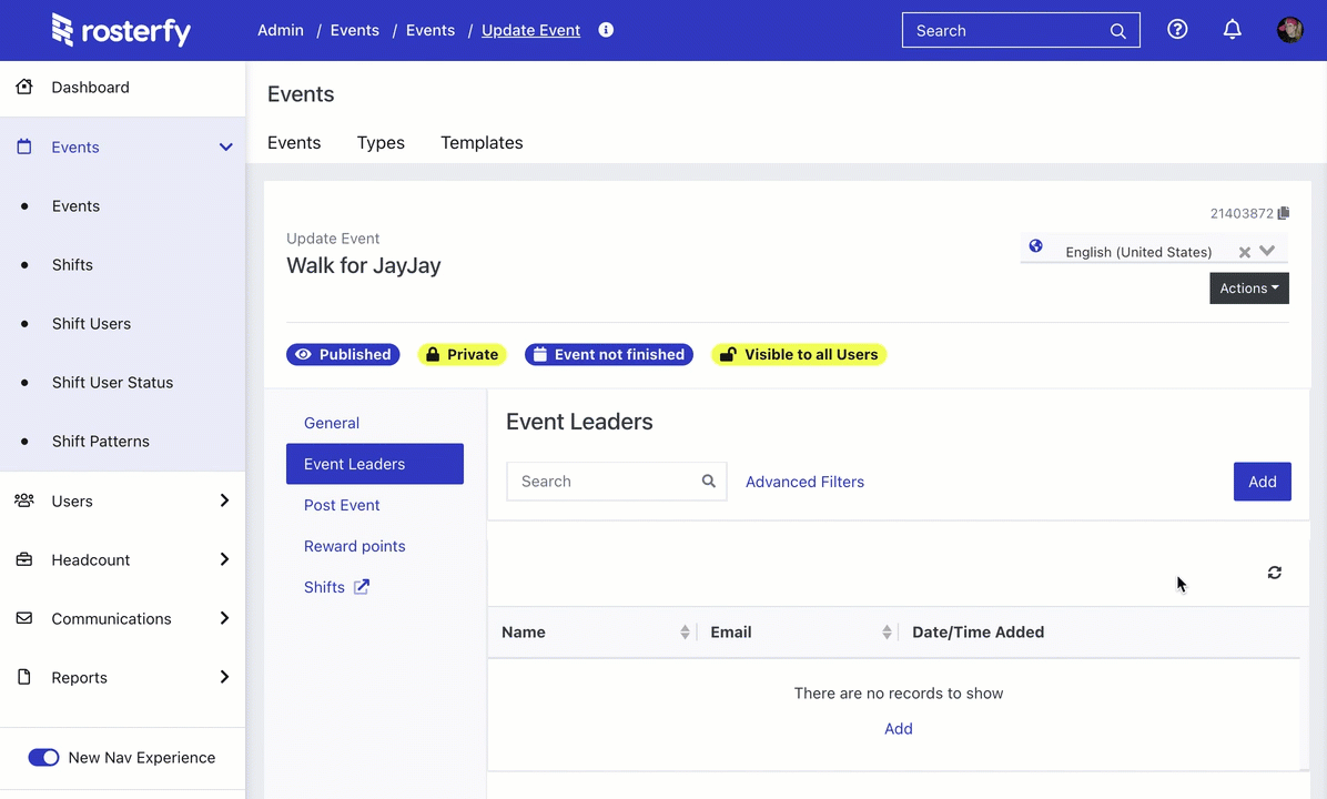 adding an event leader - event leader