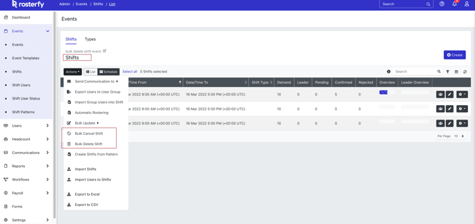 bulk delete shifts