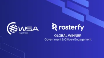 Text: Rosterfy - Global Winner - Government & Citizen Engagement at World Summit Awards