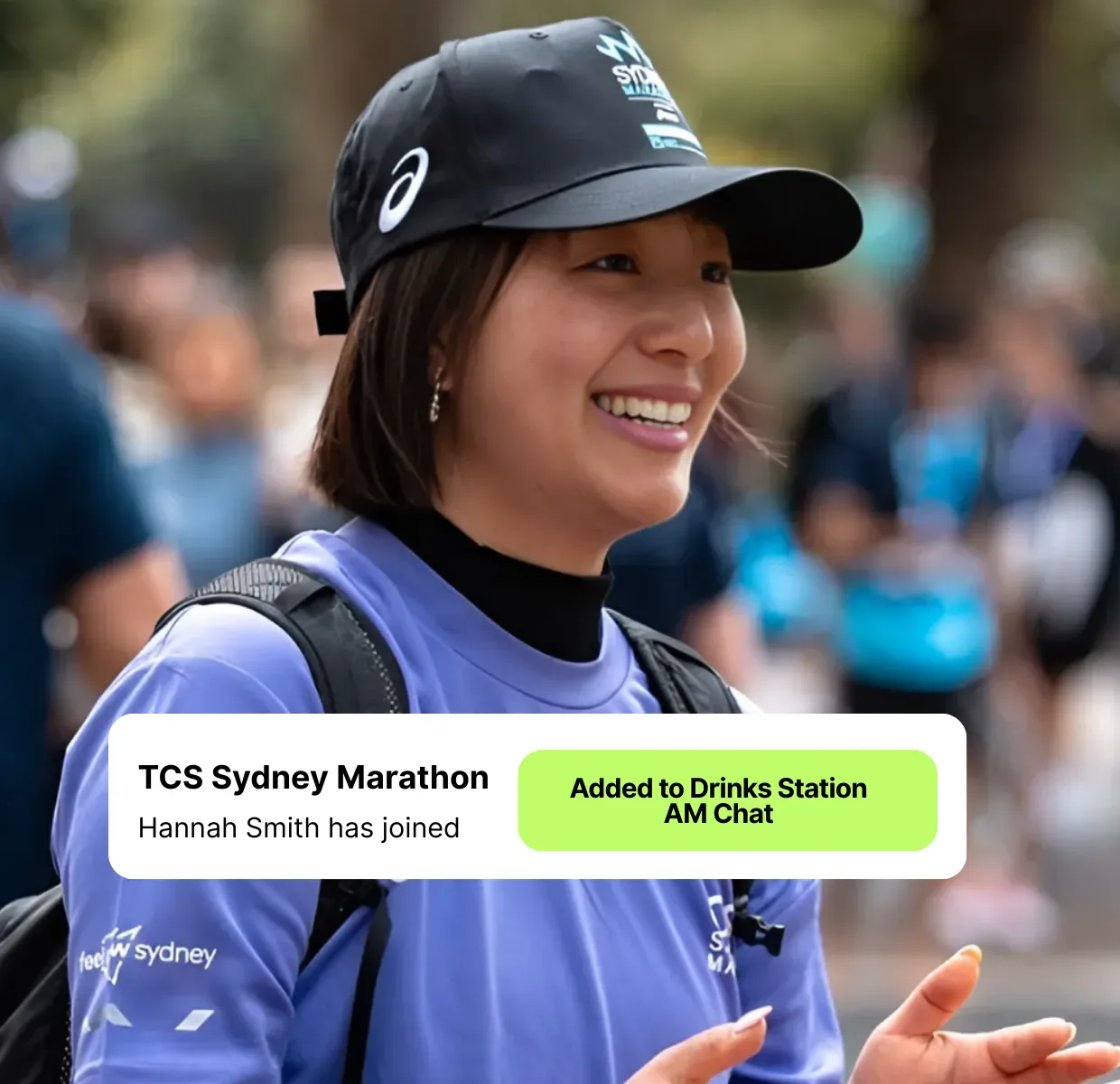 Image of TCS Sydney Marathon overlayed with message that Hannah has joined the group and has been added to chat
