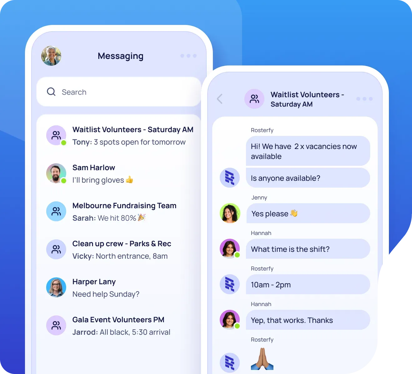 Two side by side images of a mobile phone. Left showing the message section with multiple groups and individual texts. Right image shows Drivers chat open and conversation about upcoming shift