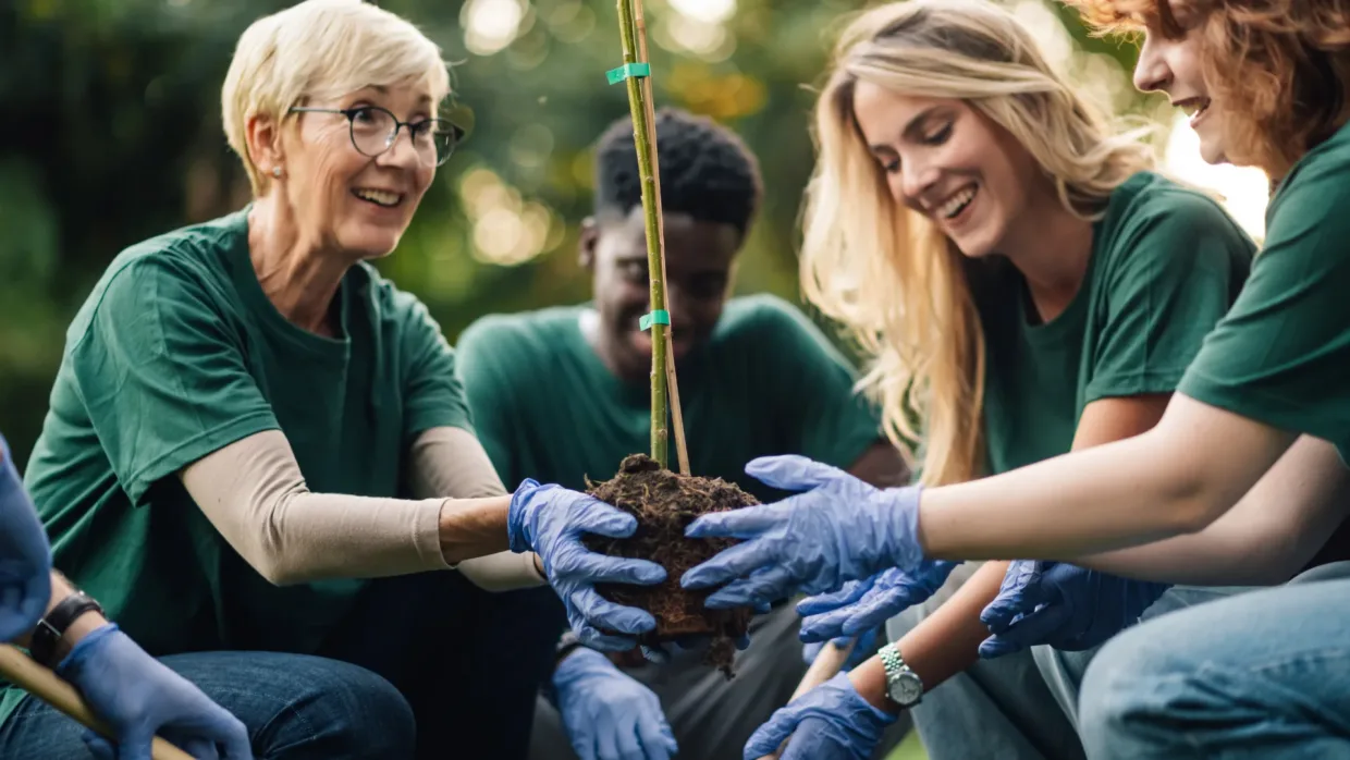 Group of volunteers plating a tree outside smiling