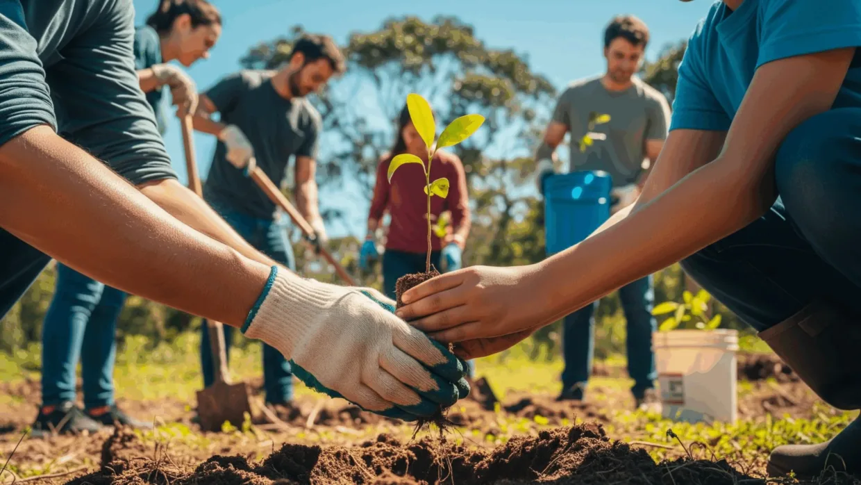 Volunteers outside planting trees