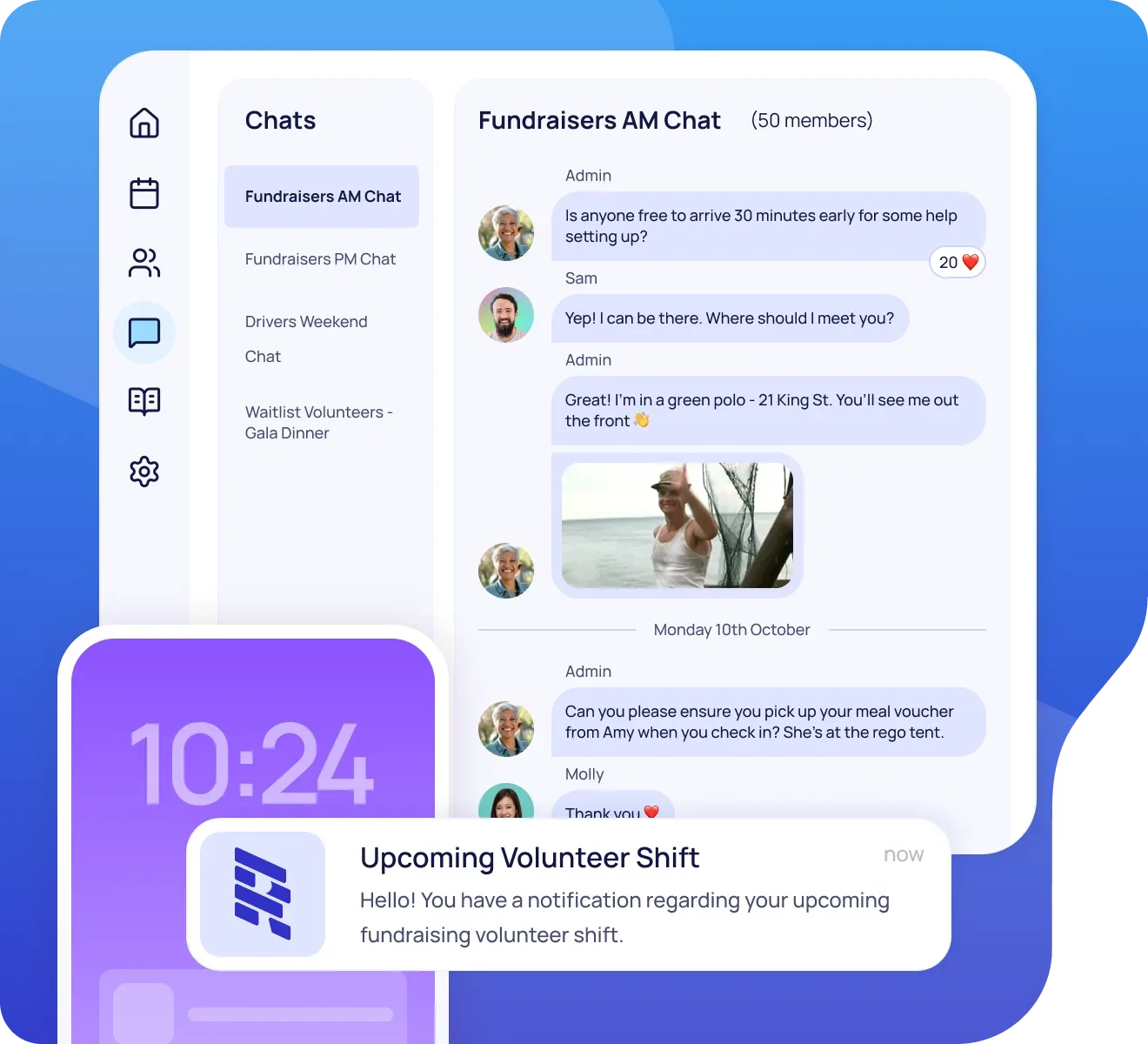 Desktop and mobile screen side by side showing multiple messaging groups and one open featuring messages, GIFs and emojis