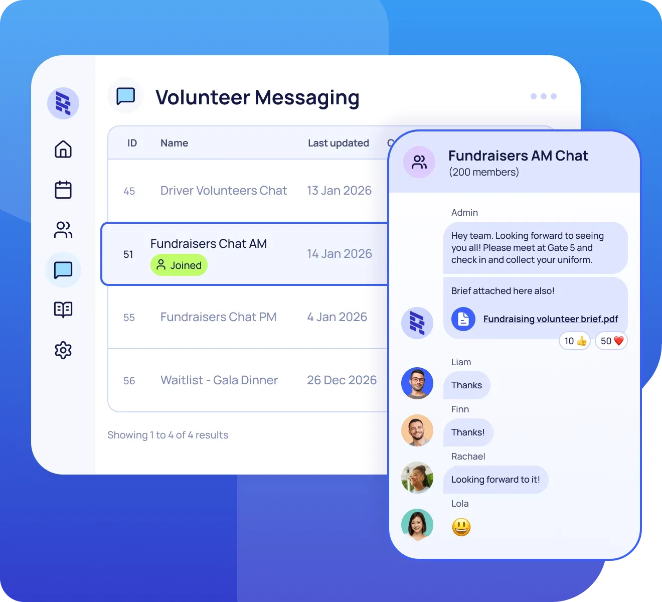 Desktop view of administrator portal showing all chats available. To the right a mobile view of one of the chat groups open with messages between volunteer and admin
