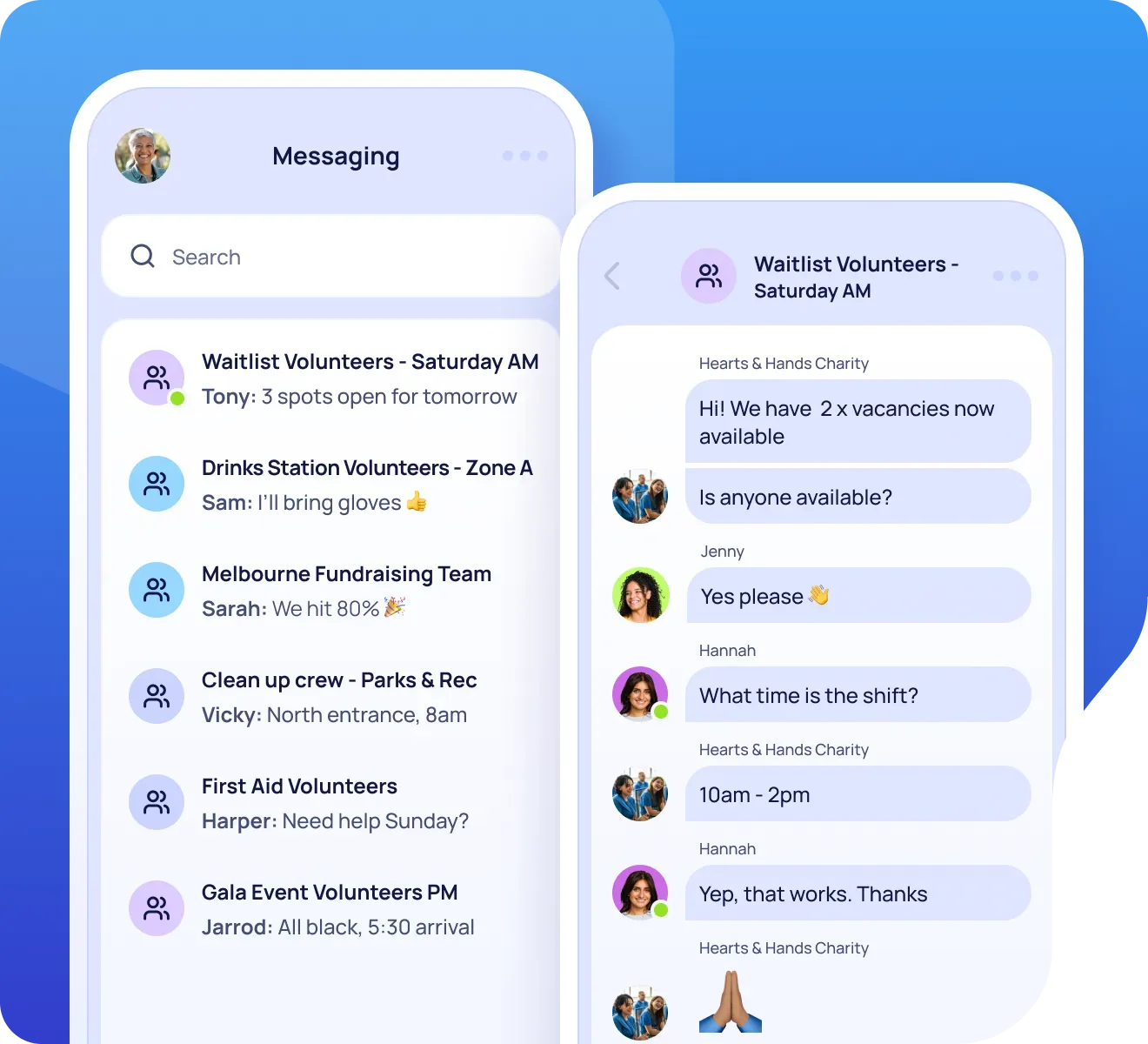 Two side by side images of a mobile phone. Left showing the message section with multiple groups and individual texts. Right image shows Drivers chat open and conversation about upcoming shift