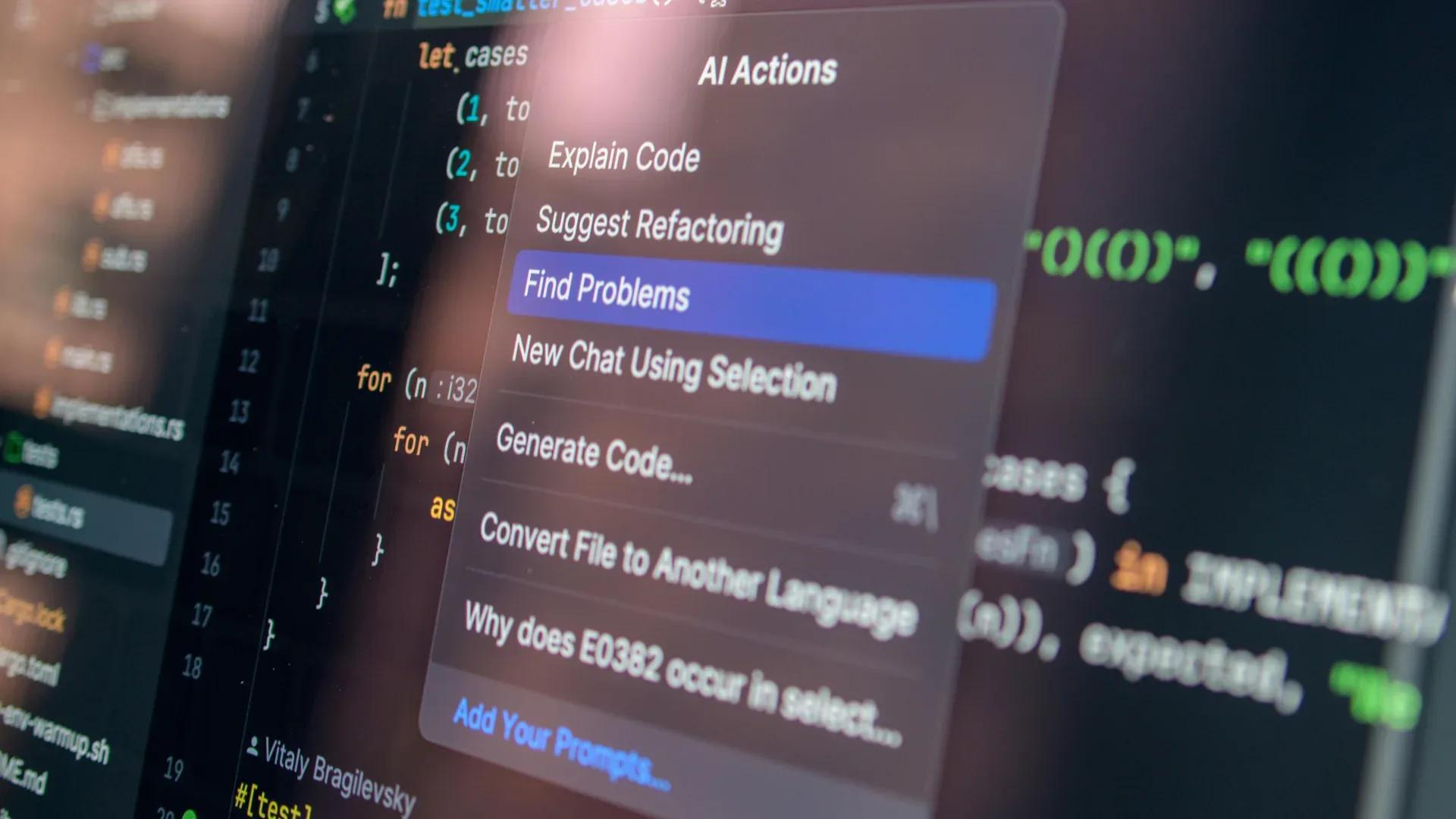 Code on computer prompting you to take action using AI