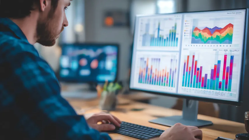 Man working on his computer looking at comprehensive dashboard insights