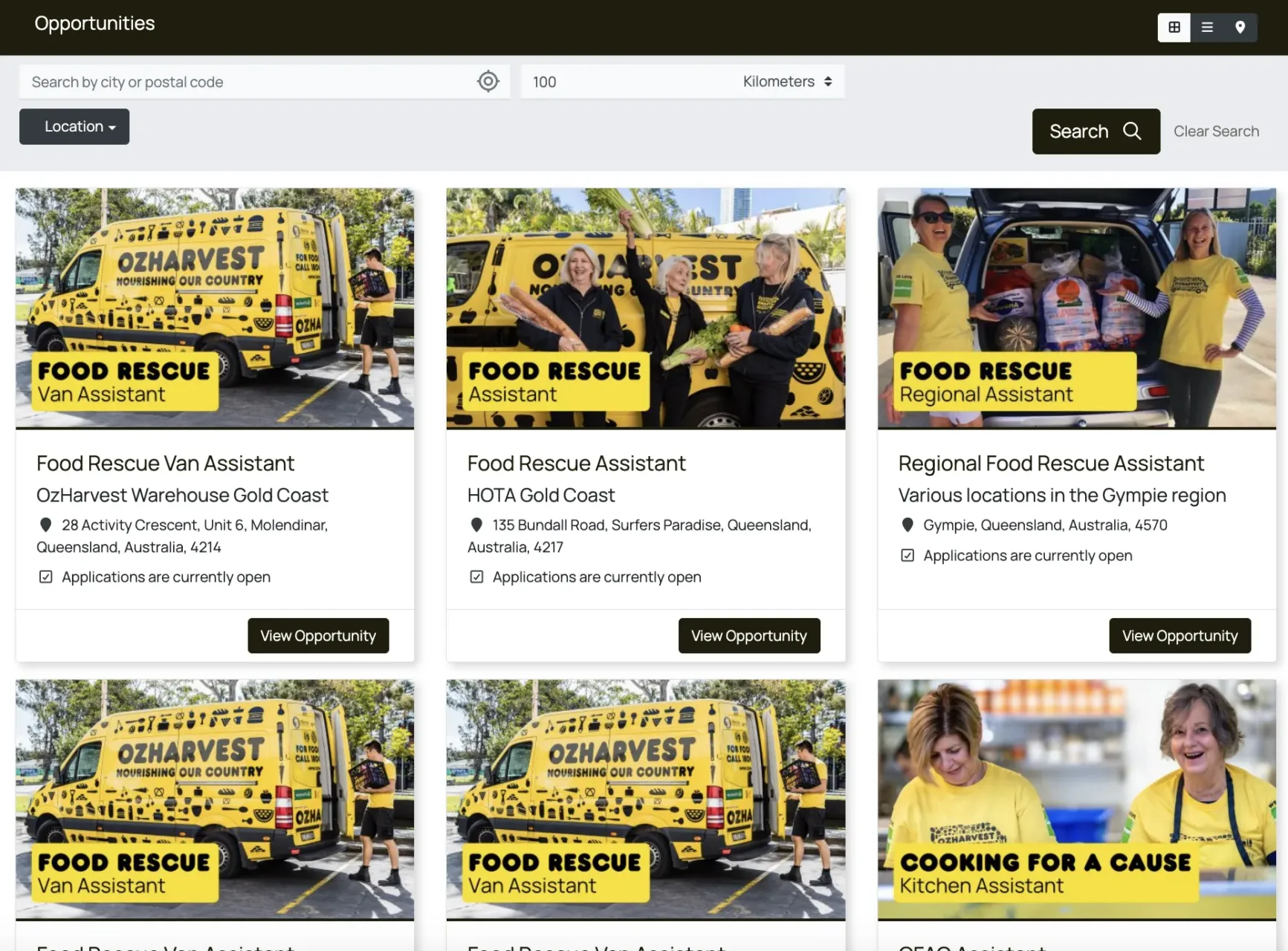 OzHarvest public opportunities page showing all volunteer opportunities